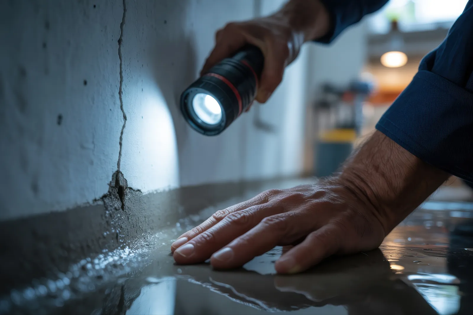 En spricka i källargolvet lyses upp med ficklampa vid utredning av markradon i Täby